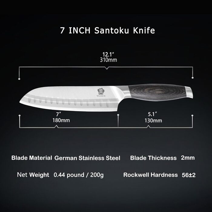 Ніж Santoku WILDMOK 18 см, японський кухонний ніж з нержавіючої сталі з ручкою з пакавуду – професійний ніж для кухні