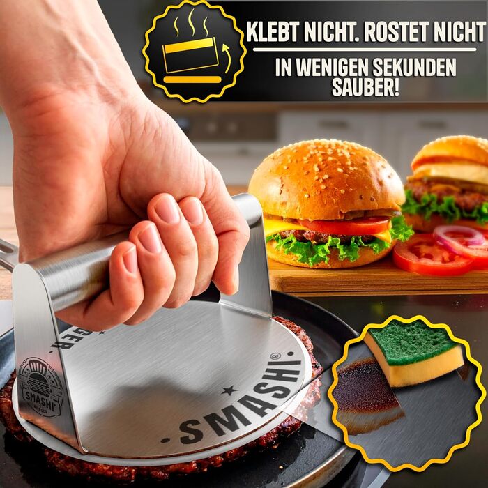 Набір для приготування Smash Burger від SMASHI® з нержавіючої сталі 304 – професійний набір з антипригарною пресом, лопаткою для гриля та дзвоном для бургерів – з рецептами (базовий)