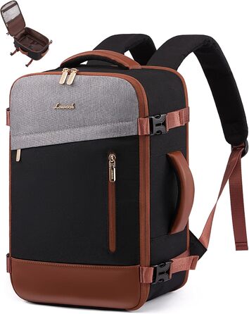 LOVEVOOK Рюкзак ручної поклажі 40L, 17.3 дюйми, великий рюкзак для подорожей для жінок та чоловіків, розширюваний дизайн, рюкзак ручної поклажі для літака, Travel Backpack як Cabin Bag для подорожей та бізнесу (40x30x20cm-24L, Чорний + Сірий + Каштанового