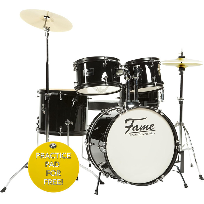 Fame 5-Piece Drum Set Black - Комплект барабанів з аксесуарами, включаючи бас-барабан, томи, малий барабан, стійки та табурет