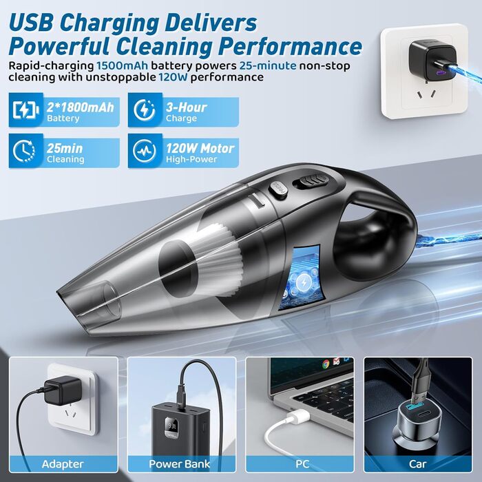 Ручний пилосос бездротовий 120W чорний: для дому, авто, дивана, килима. З USB зарядкою, 2 фільтри, 3 насадки