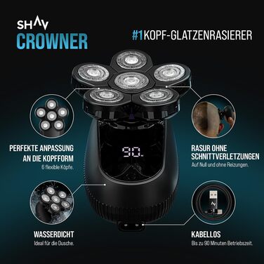Електричний голкострум для голих голів чоловічий Shav Crowner, голкострум для голови, апарат для гоління голови вологою та сухою, чоловічий голкострум
