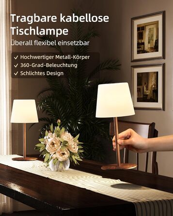 Світлодіодні настільні лампи EZVALO бездротові, 2 шт., IP65, USB-C, димування, 3 режими кольору, для дому та кемпінгу (дерев'яний колір)