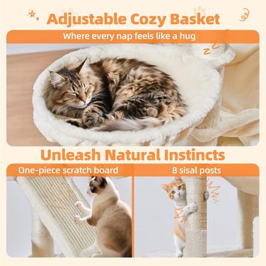 Дерев'яний кігтеточки Taoqimiao MS026W (Бежевий, 180 см) з 2 будиночками, гамаком та 8 кігтеточками