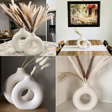 Ceramic Vase Set for Pampas Grass - 2pcs (Large & Medium), Modern Matte Donut Vases for Home Decor, Flowers, Table, Shelf, Fireplace, Living Room, Bedroom, Office, Wedding, Party, Gift - White