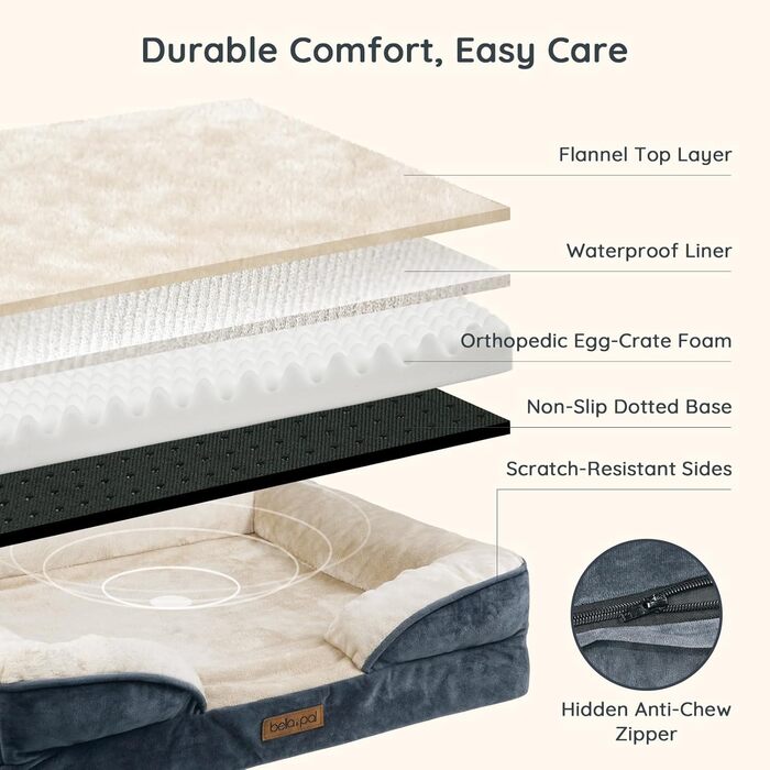 Ортопедичне ліжко для собак BELLA & PAL, 71x59 см - комфортне собаче ліжко з ефектом пам'яті, водовідштовхувальна підкладка, знімний фланелевий чохол, протиковзке дно, сіре