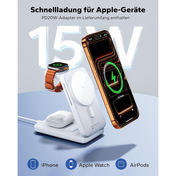 Зарядна станція 3-в-1 KPON для Apple Watch та iPhone з MagSafe, 20W, біла - Швидка зарядка для iPhone 17-12, Apple Watch 11-2, AirPods, портативна для подорожей та офісу