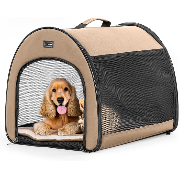 Складана переноска для собак Petfit для маленьких собак і котів, портативна та з гарною вентиляцією, для дому, з вигнутим дахом, переноска-ліжко для собак з анти-відкриваючим блискавкою та подушкою (Хакі, M)
