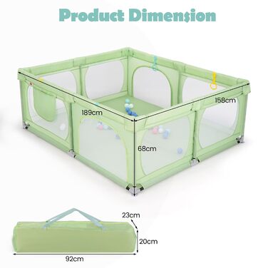 LIFEZEAL Playpen Baby 189 x 158 cm, Safety Play Area Children's Playpen with Super Soft, Foldable Baby Playpen made of Oxford Cloth with Handbag, 50 Ocean Balls, 4 Toddler Rings (Green)