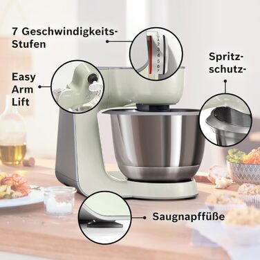 Кухонний комбайн Bosch Serie 4 MUM58L20, 1000 Вт, чаша 3,9 л, міксер 1,25 л, планетарне змішування, насадки з нержавіючої сталі, шинкувальна насадка, 3 диски, сірий/сріблястий
