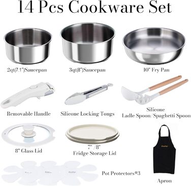 Набір посуду з нержавіючої сталі 14 предметів: каструлі та сковорідки з керамічним покриттям, знімні ручки. Включає сковорідку 24 см, каструлі 18/20 см. Можливість складання. Підходить для всіх типів плит. Білий (сріблястий)