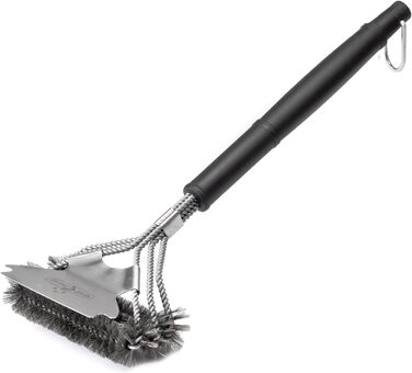 3X Grillfürst Premium Grill Brush with Brass Bristles, 45 cm - Grill Cleaning Brush for Grill Grates, Grill Grate Brush with Wide 3-Section Brush Head and Scraper (Stainless Steel with Scraper)