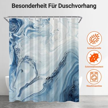 Штора для душу 180x200 см з утяжеленим краєм, антигрибкова, водовідштовхувальна, поліестер, з кільцями (Блакитний градієнт мармуру)