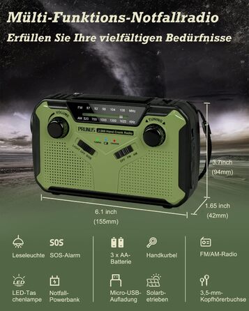 Радіо PRUNUS J-369: FM/AM, з ручним заводом, сонячна панель, Power Bank 3000mAh, SOS-сигнал, ліхтарик для кемпінгу та надзвичайних ситуацій (зелене)