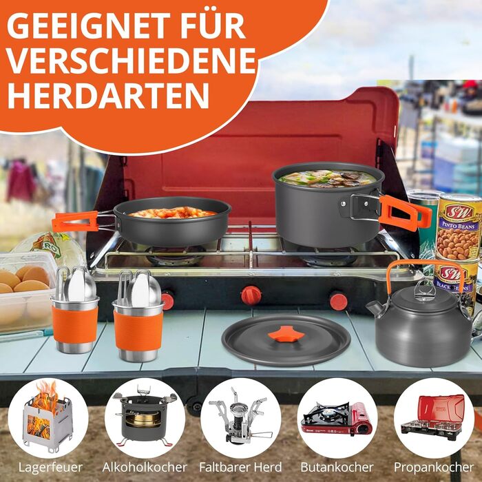 Набір посуду для кемпінгу Funykich 17 предметів: каструлі, сковорідки, чашки, столові прибори. Підходить для 2 осіб, пікніків, походів.