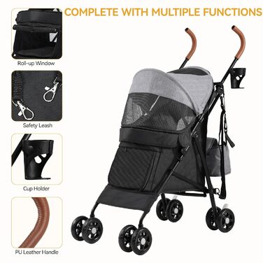 Візок для собак та котів DWVO, 11.3 кг, складний, з подушкою та кошиком для зберігання, 45x80x103 см (сірий/чорний)