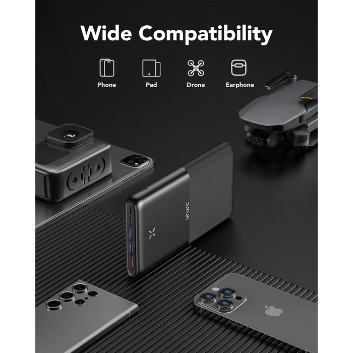 Power Bank VRURC 30000mAh 22.5W з 4 виходами та 3 входами: зарядний пристрій для iPhone, Huawei, планшетів (чорний)