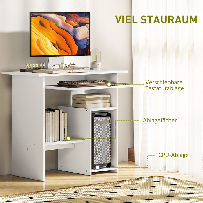 HOMCOM Desk, 80 x 45 cm, Computer Desk, Office Desk with Keyboard Tray, Open Compartments and Storage Surfaces, Chipboard, for Home Office, Bedroom, White | Aosom