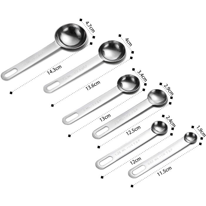 Набір мірних ложок з нержавіючої сталі, 6 шт. (1/8 TSP, 1/4 TSP, 1/2 TSP, 1 TSP, 1/2 TBLS, 1 TBLS)