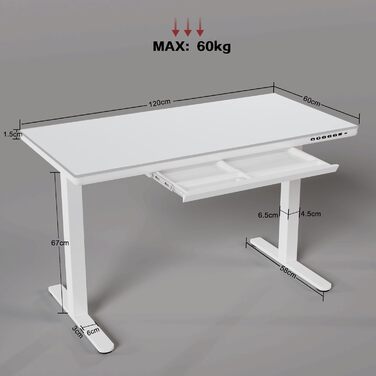Електричний скляний стіл Homall 120x60 см з регулюванням висоти та шухлядою, білий, для дому й офісу