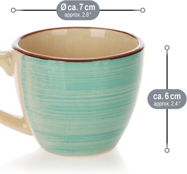 Набір з 6 керамічних чашок для еспресо Com-Four® об'ємом 125 мл - кольорові мокко-чашки ручної роботи для еспресо, мокко та рістретто (зелений/оранжевий/рожевий/синій/жовтий/сірий)