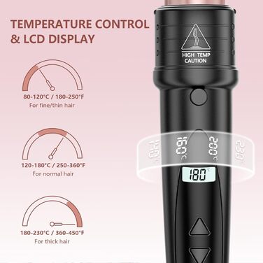 Локшик для волосся NWOUIIAY 6 в 1 з LCD-дисплеєм, керамічне покриття, багатофункціональний, змінне насадки, для великих та маленьких локонів, рукавички, регулювання температури, темно-рожевий