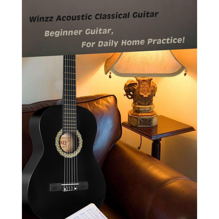 Класична гітара Winzz 4/4 для дорослих та дітей (від 11 років), набір для початківців - Чорний глянцевий (39 дюймів)