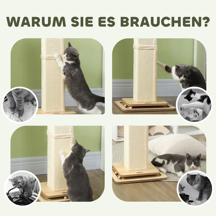 PawHut 3-in-1 Scratching Post, 87cm Scratching Column, Sisal Cat Scratching Tree with Play Ball, Scratching Post for Cats, Cat Scratching Furniture, Indoor, Oak | Aosom