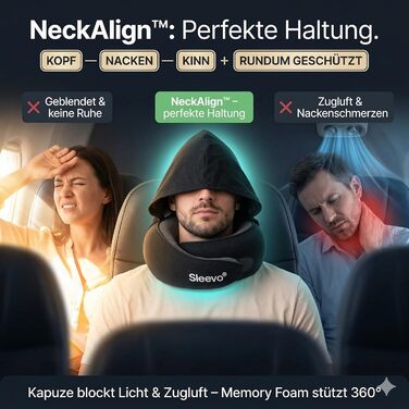 Подушка для шиї в літак з капюшоном та Memory Foam – Подушка-білка, для сну та подорожей – Ергономічна подушка для подорожей, захист від світла та пральна, з сумкою – Чорний (M) Чорний M