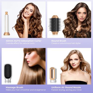 Набір для укладки волосся 6 в 1, Мультистайлер, Автоматичний локонів, Фен-щітка, Гаряча повітряна щітка, Для створення укладок, Випрямлення, Сушіння, Об'єм, Локони, Білий