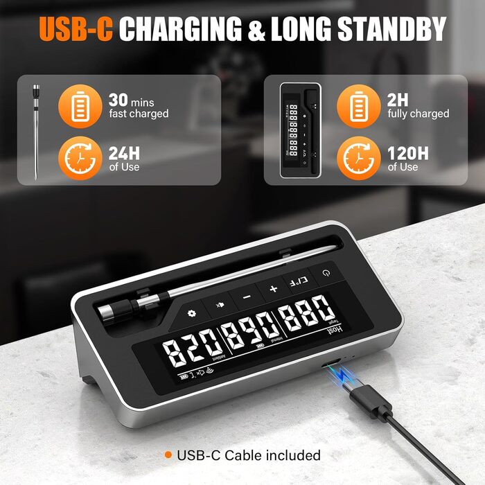 Бездротовий термометр для м'яса з Bluetooth, для гриля, духовки, мангалу, ротисерії, Airfryer, IP67 водонепроникний