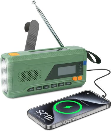 Радіо Alika для надзвичайних ситуацій: радіо з ручним приводом, FM/DAB+/DAB, сонячне, з Powerbank 4000mAh, зарядкою для телефону, USB, SOS-сигналом, ліхтарик (3 режими), для відпочинку на природі, кемпінгу (армійний колір)