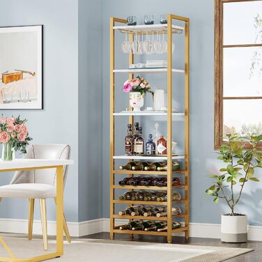 Tribesigns 20 Bottle Wine Baker's Rack, Freestanding Floor Wine Rack, 9 Tiers, Industrial Freestanding Wine Rack Wine Bar with Glass Holder Bottle Shelf for Bar, Kitchen, Dining Room, (Gold, 1 PC)