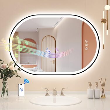 Дзеркало для ванної кімнати LED Starlead Munich 90x60 см з підсвічуванням, Bluetooth, регулюванням яскравості, 3 кольори світла, антизапарник, функція пам'яті, HD скло, IP44, горизонтальне/вертикальне встановлення, без рамки