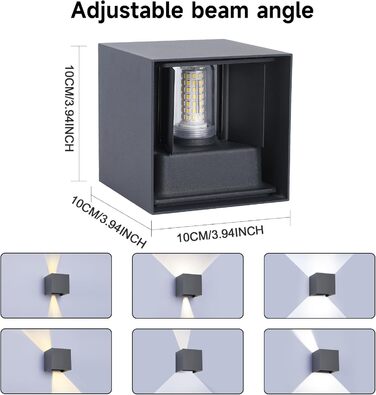 LED-водостійка настінна лампа FUPE 15W для внутрішнього та зовнішнього використання. Регульований кут світла, 3 кольори, IP65, алюміній, квадратна, чорна. Комплект 1