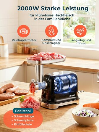 М'ясорубка електрична Fohere 2000 Вт з насадками для ковбас та кубів, 3 диски (7/5/3 мм), чорна