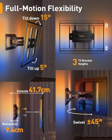 Кріплення для телевізора Perlegear з підсвічуванням LED, для телевізорів 26-65 дюймів, до 45 кг, VESA 400x400mm, поворотне, розсувне, нахильне PGMF20