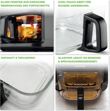 Фритюрниця NutriChef 5.5L біла – електрофритюрниця 8-в-1 з скляною чашею та LED-дисплеєм. Без олії, 360° циркуляція повітря. Для картоплі фрі, курки, овочів та іншого.