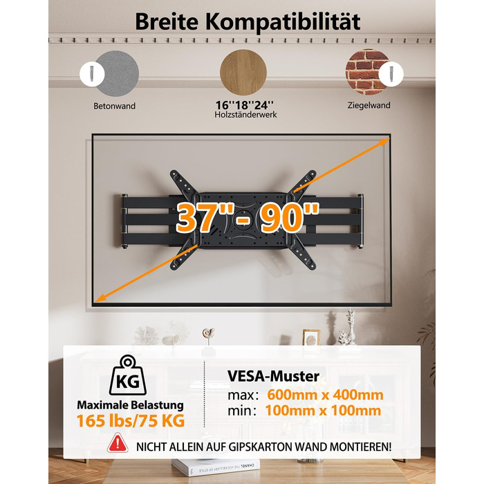 Настінне кріплення для телевізора Heavy Duty XXXL 60-120 дюймів, поворотне, з регулюванням нахилу, до 125 кг, VESA 200x100-600x400 мм