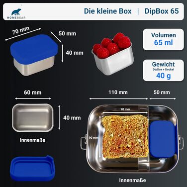Stainless Steel Lunch Box | Lunchbox for Kids | 800 ml | Set with Dip Container 65 ml | Sliding Divider | Leak-Proof and Plastic-Free | Bread Box Snack Box