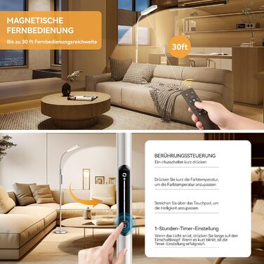 LED торшер Ehaho з регулюванням яскравості, чорний | Торшер-лампа з пультом дистанційного керування | 3 кольори світла (теплий, нейтральний, холодний) | Сучасний торшер для спальні, вітальні, офісу