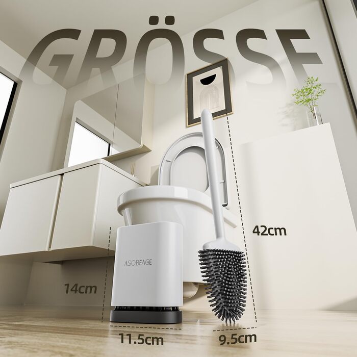 Щітка для унітазу ASOBEAGE з силікону: гнучкий наконечник, ручка з нержавіючої сталі, настінний кріплення, швидковисихаючий тримач для чищення ванної кімнати (Чорний) (Ширина 3 см, 1 шт.)