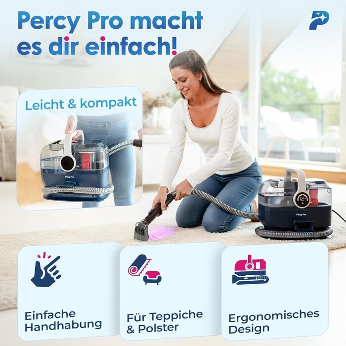 Вашсаугер з пароочищувачем Percy Pro – 1800W, 13kPa, для чищення м'яких меблів та килимів (Блакитний)