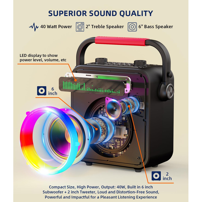 Караоке машина для дорослих та дітей – портативна система з 2 мікрофонами, Bluetooth, TF, USB, AUX, TWS, динамік, чорна