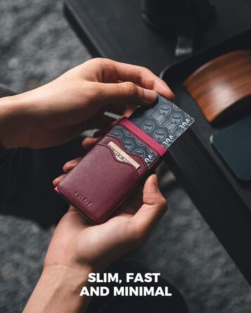 VULKIT Слайдер-гаманець з RFID захистом для карт та грошей, шкіряний мінімалістичний металевий картхолдер (Бордовий)