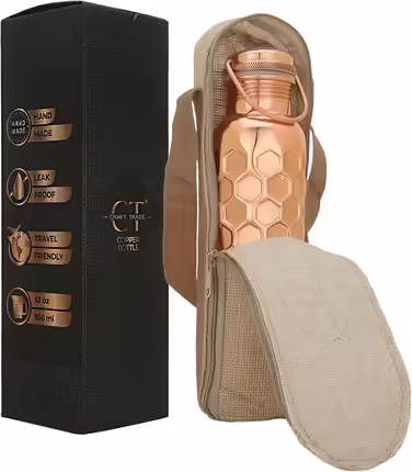 Craft Trade Water Bottle Copper Water Bottle Pure Natural Bottle Water Bottle with Lid and Carrying Bag 34oz/1000 ml Leak-Proof Ayurveda Copper Bottle for Office and Yoga - 2