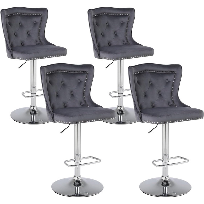 KHISCHMO Set of 4 Velvet Bar Stools - Modern Kitchen Counter Stools with Lion Paw Pulls - Adjustable Height, 360° Swivel - Black (Gray)