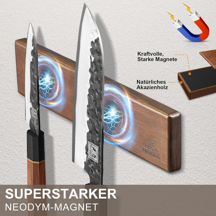 ENOKING 26cm Magnetic Knife Strip, Self-Adhesive, Knife Magnetic Strip with Extra Strong Magnet, Magnetic Knife Holder Made of Acacia Wood, Magnetic Knife Holder for Knives and Kitchen Utensils