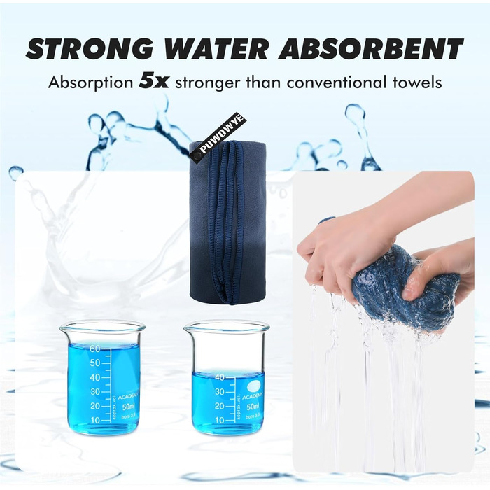 PUWOWYE Набір рушників з мікрофібри (2 шт.): великий 160x80 см + маленький 80x40 см, швидковисихаючі, для спорту, фітнесу, сауни, пляжу, подорожей та відпочинку на природі, блакитні