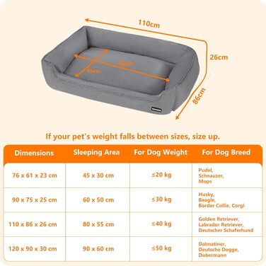 Ліжко для собак HMTOPE, м'яке диван-кімната для собак, подушка для собак, кошик для собак, знімний та пральний, світло-сірий, 110 x 86 x 26 см